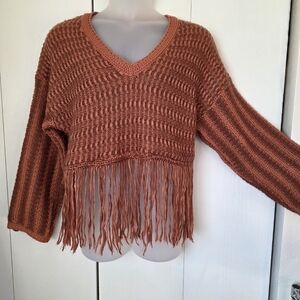 Willow Root Boho Fringe Sweater Rust Orange Knit Cropped Festival Oversize Large
